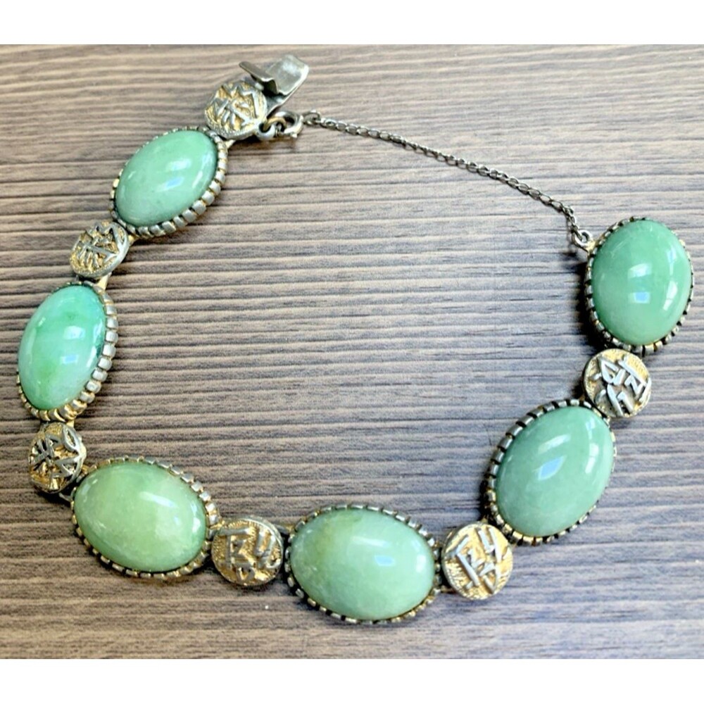 Vintage Oleg Cassini 1964 Bracelet Green Faux Jade Cabochon Signed 7in Retro